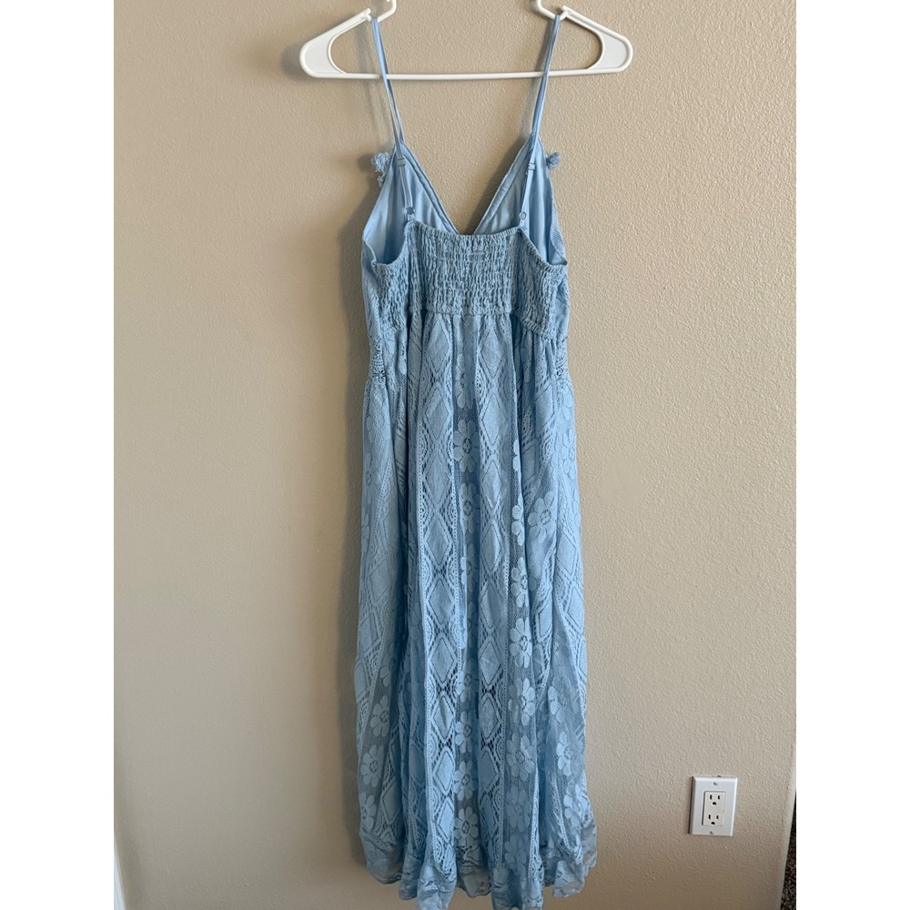 Cupshe Womens Light Blue Floral Lace Maxi Dress Boho Pom Pom Ties Size M NEW - Picture 5 of 7